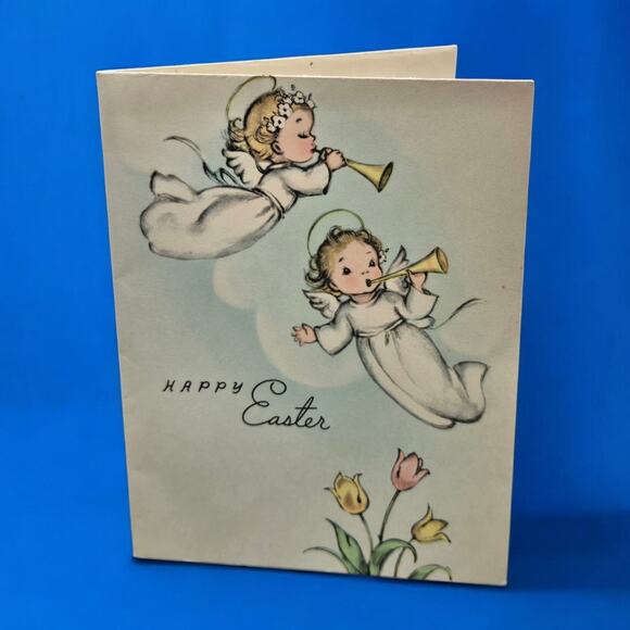 Marjorie Cooper Easter Two Cherub Angels Play Trumpets Vintage Rust Craft Card - Picture 9 of 9